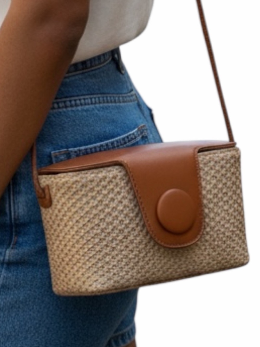 Woven Straw Crossbody Bag Tan Faux Leather Knotted Strap Small Boho Purse